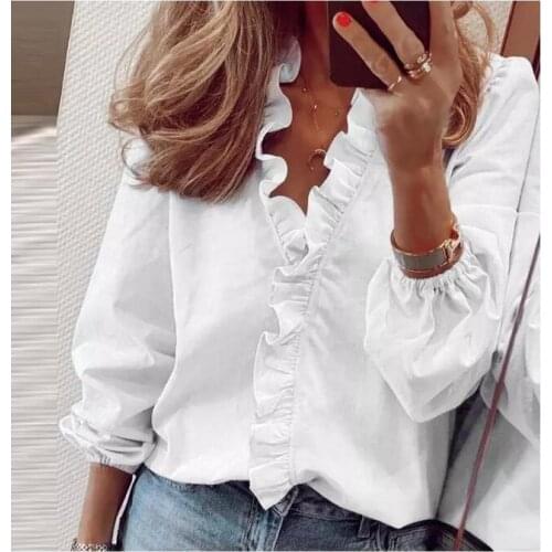 Blouse Shirts Office Lady 2020 Spring Summer Print Long Sleeve Ruffle Women Blouses Sexy V-neck pullover Tops