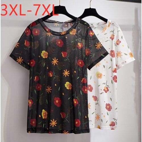 New 2021 summer plus size tops for women large loose short sleeve thin floral print T-shirt black white 3XL 4XL 5XL 6XL 7XL