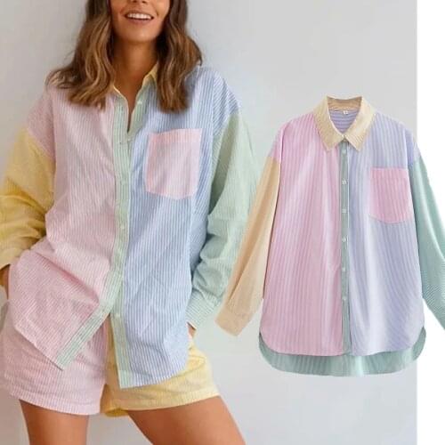 Dave&Di Summer England Vintage Ins Fashion Blogger HIgh Street Patchwork Striped Loose Shirt Blouse Women And Tops