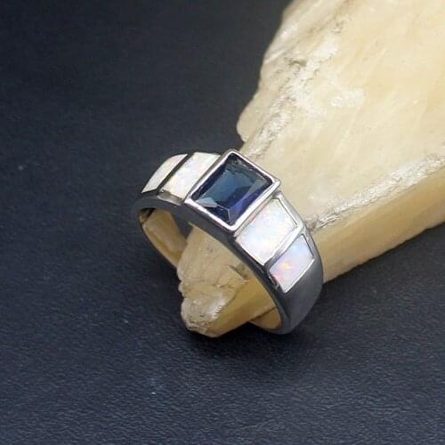 Hermosa Rectangle White Opal Sapphire Charm 925 Silver Queen Band Ring Wedding Engagement Gifts for Women Size 7.5# 20214340