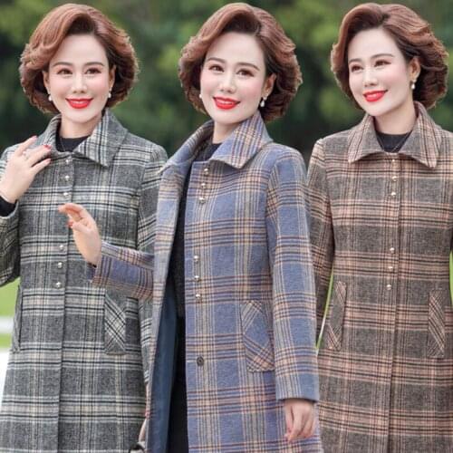 2021 Autumn Winter Women Fashion Chic Plaid Wool Coat Casual Windbreaker Outwear Pocket Single Breasted Overcoat 5XL Plus Size