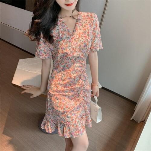 Vestido Verano Jurk Flower Print Chiffon Slim Mini Summer Dresses Women V Neck Casual Beach Sundress Sexy Ruched Ruffle Dress