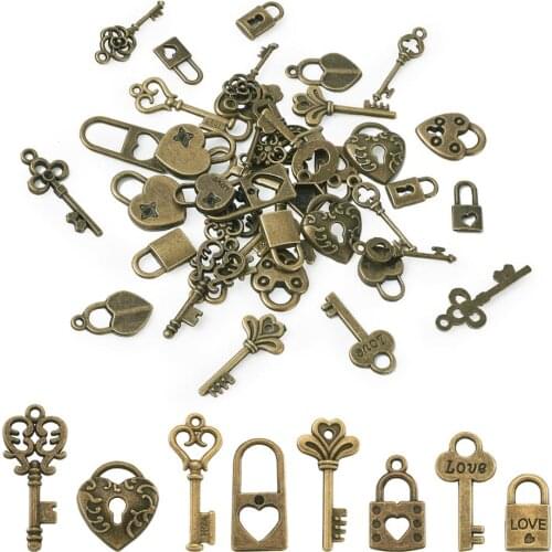 1 Box Tibetan Style Heart Lock & Key Alloy Pendants Charms for couple fashion Bracelet Necklace Making DIY