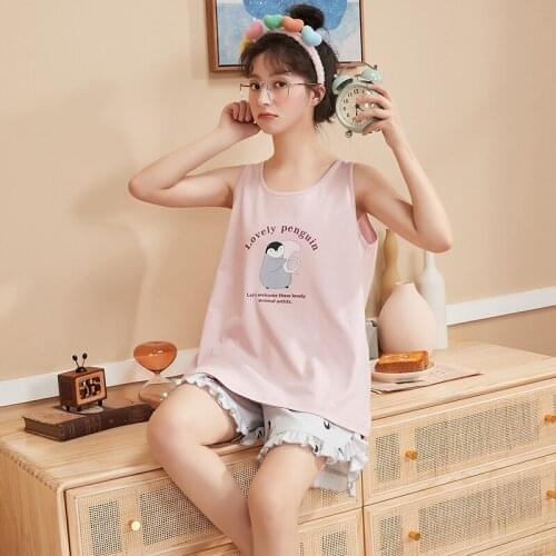 2021 Summer Cotton Sexy Sleeveless Vest Pajama Sets for Women Cute Cartoon Shorts Sleepwear Pyjama Homewear Pijama Mujer Clothes