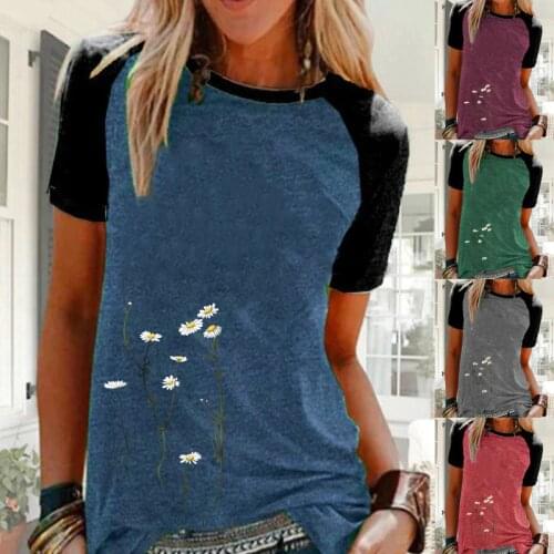 2021 Tops & T-Shirts For Women Casual Flower Print Loose Round Neck Plus Size Short Sleeve Splicing Blouse