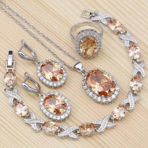 925 Silver Bridal Jewelry Sets For Women Champagne Cubic Zirconia White Crystal Ring Bracelet Necklace Pendant Drop Earrings Set