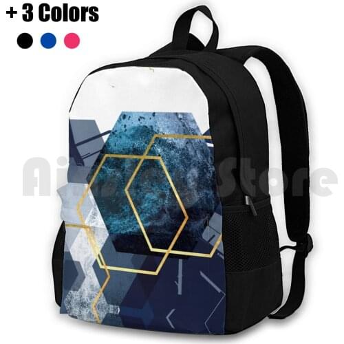 Abstract Landscape Part 2 Outdoor Hiking Backpack Waterproof Camping Travel Abstract Geometric Navy And Gold Navy Blue Blue And