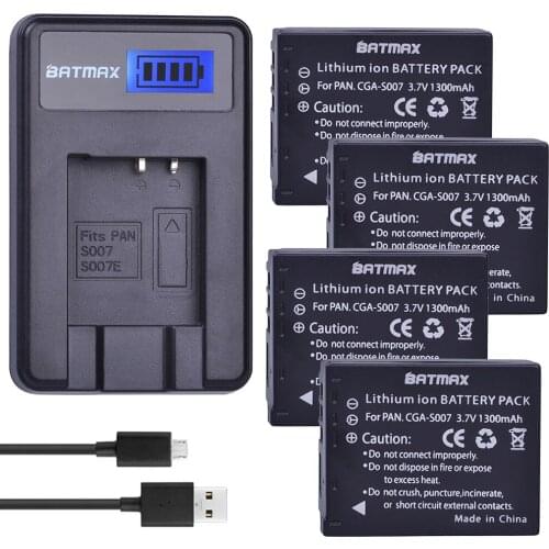 Batmax 4pcs CGA-S007 S007E S007 S007A Battery +LCD USB Charger for Panasonic DMC TZ1 TZ2 TZ3 TZ4 TZ5 TZ50 TZ11 TZ15 Bateria
