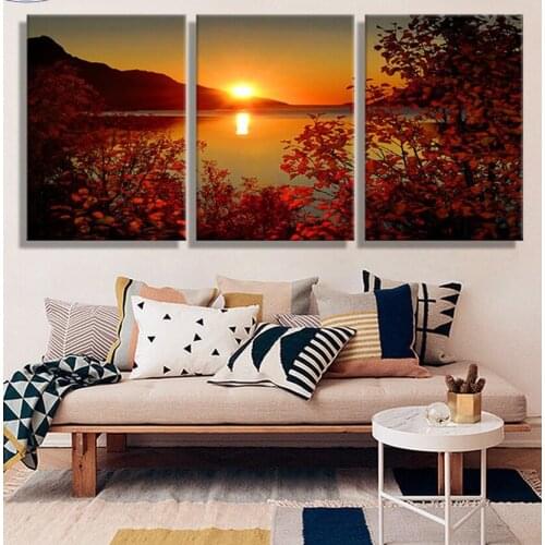 Free Shipping 5d diamond embroidery triptych Lake Sunset Canvas Painting Wedding Decoration 3d diamond Pictures for Living Room