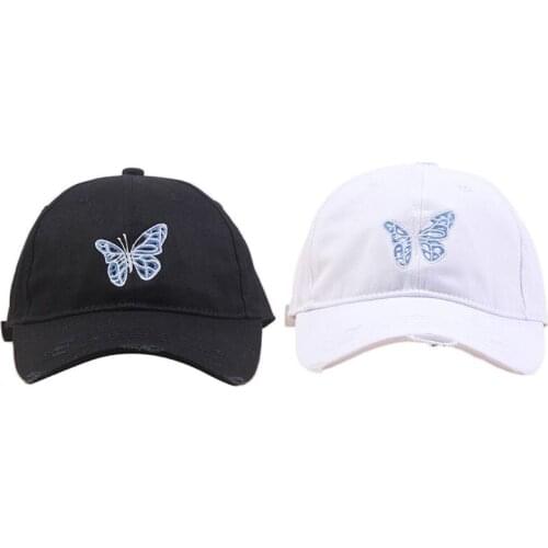 Women Men Japanese Harajuku Style Baseball Cap Butterfly Embroidered Vintage Distressed Hip Hop Adjustable Peaked Hat