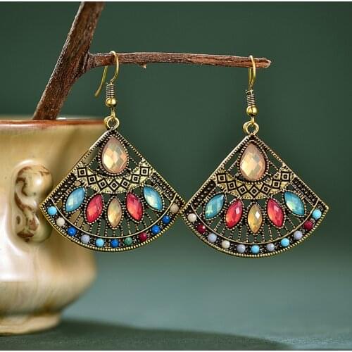 Bohemian Fan Shaped Flower Ethnic Style Earrings for Women Retro Palace Style Multilayer Rice Bead Geometric Earring Jewelry