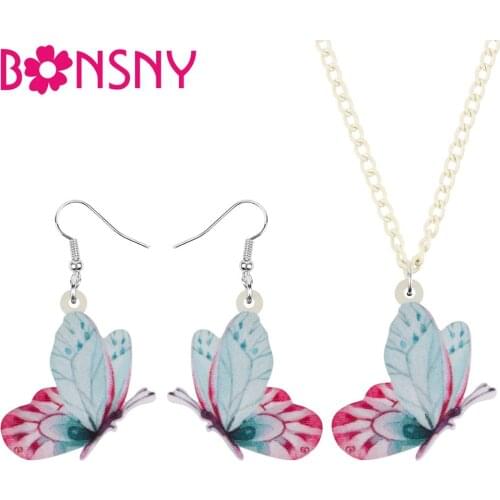 Bonsny Acrylic Flying Blue-pink Butterfly Jewelry Sets Lovely Animal Insect Necklace Earrings For Women Girls Gift Accessories
