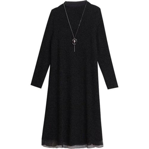 Black Plush Fleece Dress Winter New Style Big Size5xl Slim Fashion All-Match A-line Skirt High Stretch Knitted Long Sleeve Dress