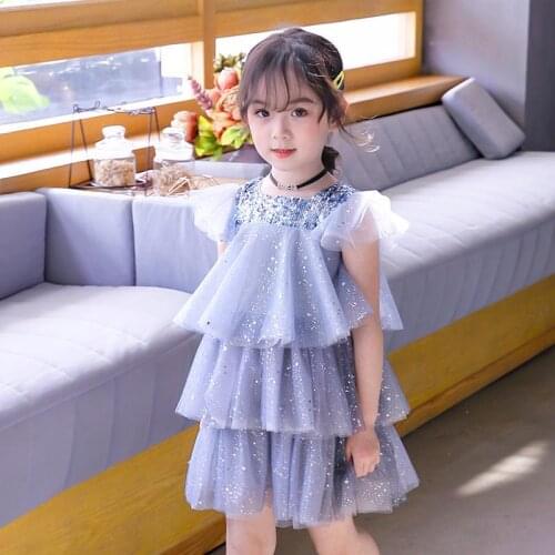 Childrens Sequined Princess Gauze Sequins 2021 New Cotton Lotus Leaf Sleeve Polka Dot Cake Skirt Summer Baby Dress