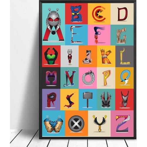 Baby Study Room Decor Marvel Superhero ABC Alphabet Poster Avengers Character Canvas Painting Wall Art Picture Home Decoration