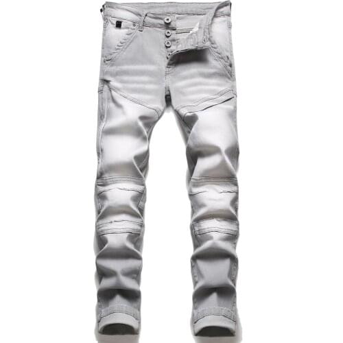 High Street Stacked Denim Ripped Patchwork Jeans Mens Trendy Fashion Motorcycle Ripped Denim Jeans Gray Stacked Jeans Hombre