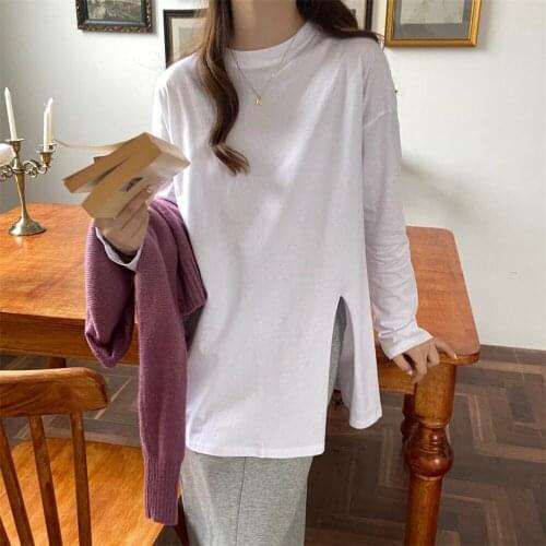 Alien Kitty White Split T-shirt Pure Color O-Neck Autumn 2021 New Chic Bottoming Women Mid-Length Tops OL Cotton Full Sleeves