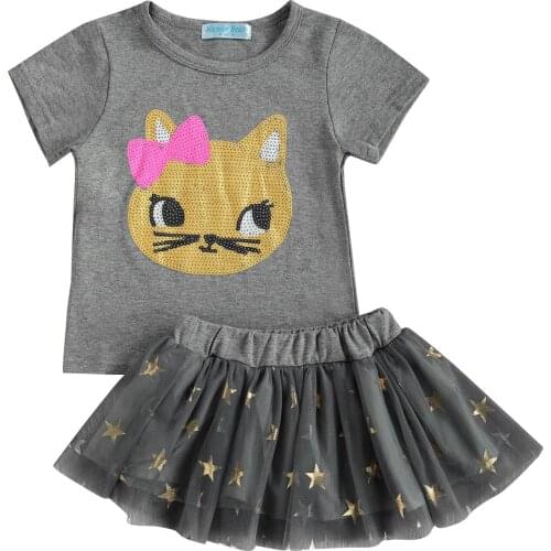 2Pcs Toddler Summer Outfits, Cartoon Cat O-Neck Short Sleeves T-Shirt + Star Print Gauze Short Skirt Suit for Little Girls