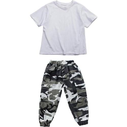 2020 Boys hip hop costumes tide Kids street dance loose pure white T-shirt camouflage pants school girls hiphop hip-hop Clothes