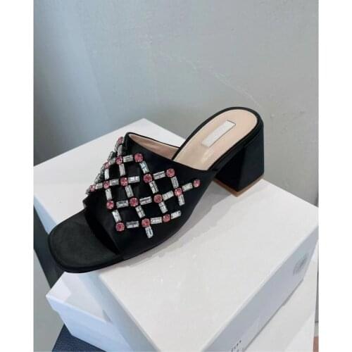 Summer Luxury designer fashion womens shoes black satin crystal Rhinestone chunky slip on high heels sandals Slipper muler