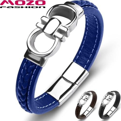 Mens Bangles New Brand Popular Blue Leather Stainless Steel Charm Bracelets Cross Lattice Punk Gift For Men