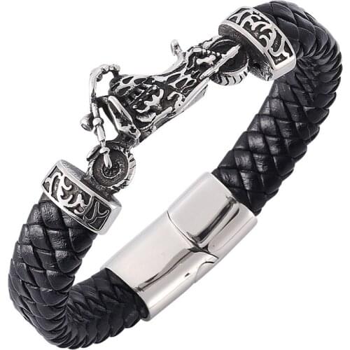 Punk Black Braided Leather Bracelet Men Stainless Steel Motorcycle Magnetic Buckle Male Bangle Jewelry Gifts