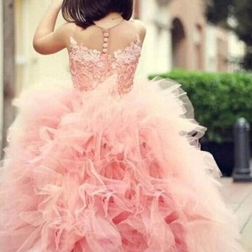 Adorable Girl Pageant Dress Pink Lace Appliques Ruffled Zipper Up Peach Organza Tulle Ball Gown Child Wedding Dress Sheer Neck