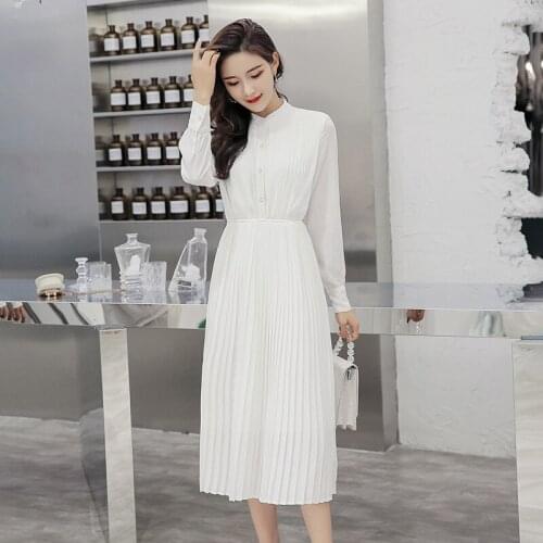 Autumn Stand Collar Dress Female Korean High Waist Long Sleeve White Pleated Chiffon Dress Female Stitching Big Swing Dress Q248