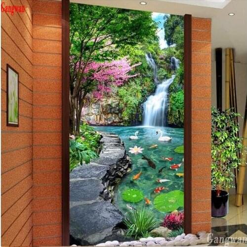 Custom photo 3d diamond embroidery sale Lotus pond and waterfall porch diamond painting cross stitch mosaic koi pattern decor