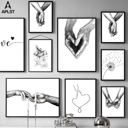 Love Kiss Holding Hands Poster Black & White Dandelion Flowers Painting Prints Sexy Woman Canvas Picture Home Living Room Decor