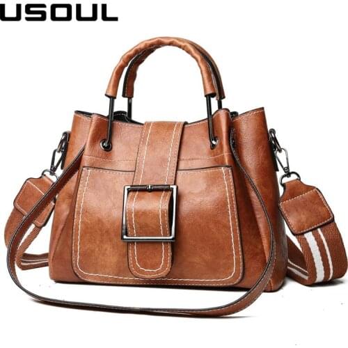 USOUL vintage handbags for women wide strap pu leather shoulder crossbody bag brown black bucket woman bags luxury brand design