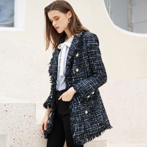 Dark blue tweed coat Medium-long one-piece Autumn/winter womens jacket New Small Fragrance ladies jacket coat