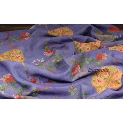 Fine pure ramie printed fabric, classical fan dress robe fabric