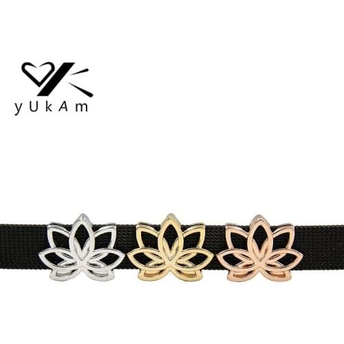 YUKAM Jewelry Spacers Silver Color Rose Gold Yoga Hollow Lotus Flower Slide Charms Keeper for Mesh Bracelets Accessories Making