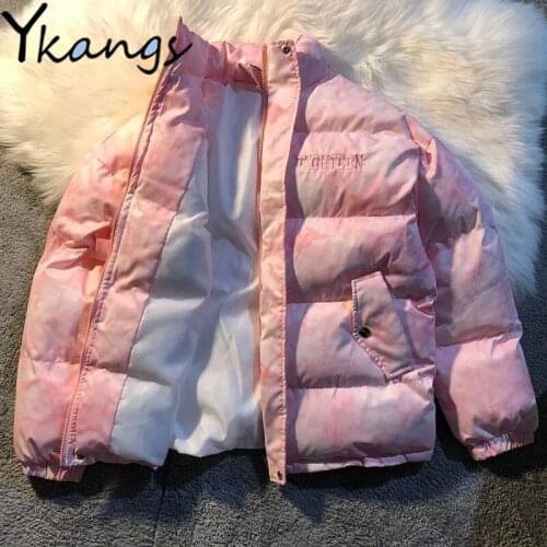 Goth Harajuku Tie Dye Pink Winter Parkas Woman Hip Hop Vintage Thicken Casual Coats Streetwear Korean Loose Zipper Jacket Female