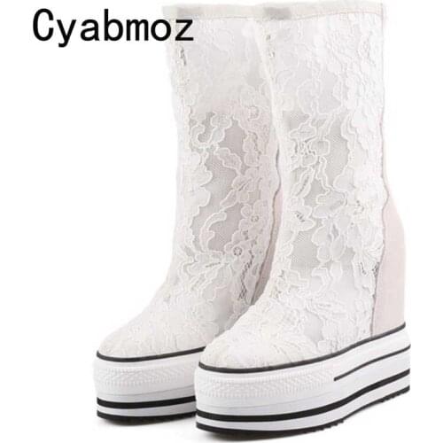 Lace flowers boots summer women height increasing 12cm high heels platform shoes high quality woman elevator cool boots