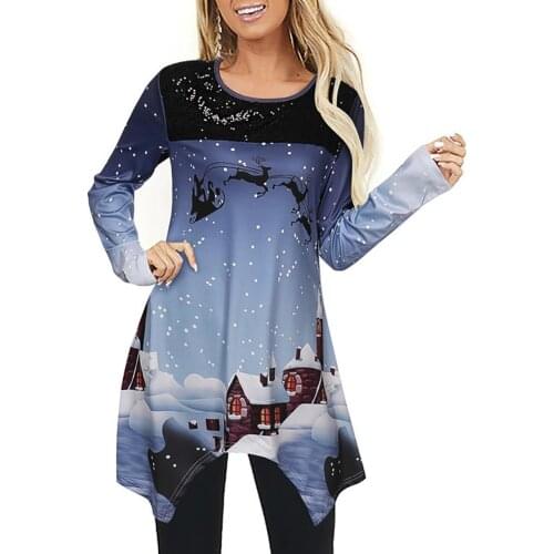 Woman tshirts Christmas Long Sleeve Elk Snow Print Irregular Hem Pullover Tunic t shirt women t-shirty damskie ropa de mujer