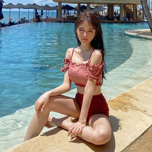 Womens Bikini Set Padded Off Shoulder Biquini High Waist Ruffle Swimwear Swimsuit High Quality Beach Suit 2020 Koren Design