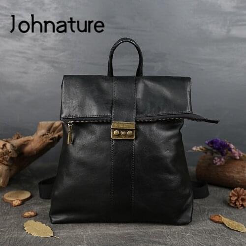 Johnature 2021 New Retro Backpack Large Capacity Genuine Leather Women Bag Leisure Solid Color Nature Soft Cowhide Travel Bags