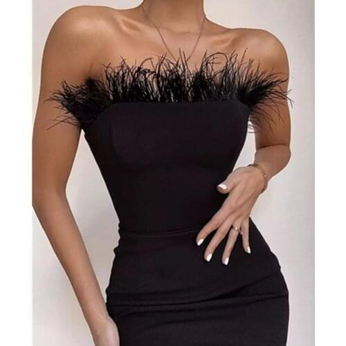 New Fahion Sexy Strapless Backless Feather Black Midi Women Bodycon Bandage Dress 2021 Designer Fashion Party Club Dress Vestido