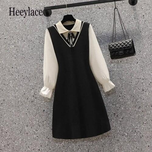 Plus Size Women knitted dress Fall Winter Long Sleeve Patchwork Polo Collar Elegant Dresses Office Ladies French Vintage Vestido