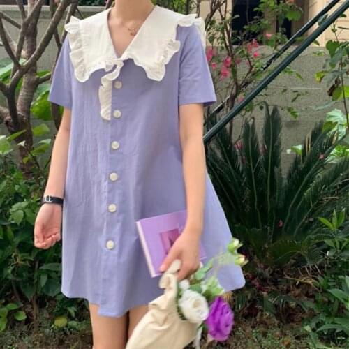 2021 women summer cute purple A-line dress lady Sailor Collar shorts sleeve mini dress female Solid Preppy Style