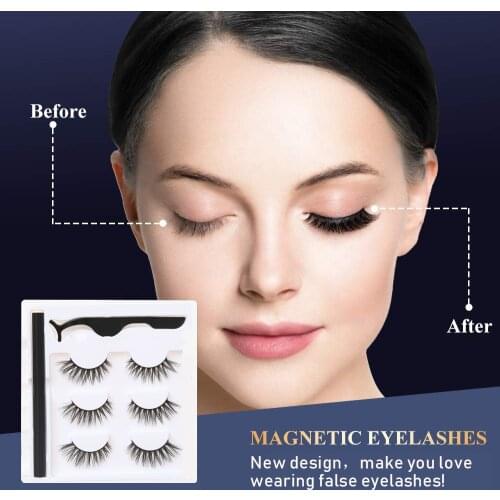 3 Pairs Magic No Magnetic Eyeliner & False Eyelashes & Tweezer Long Lasting Eye Lashes Makeup Natural 3D Mink Eyelash Extension