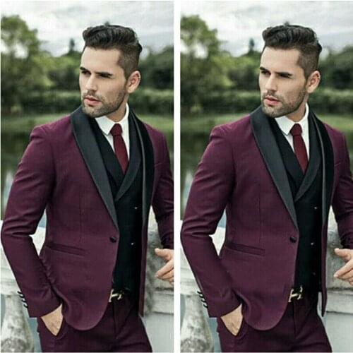 3 PCS Men Wine Red Suit Slim Fit Groomsman Wedding/Prom Suit Groom Tuxedos Suit mens suits work clothes men