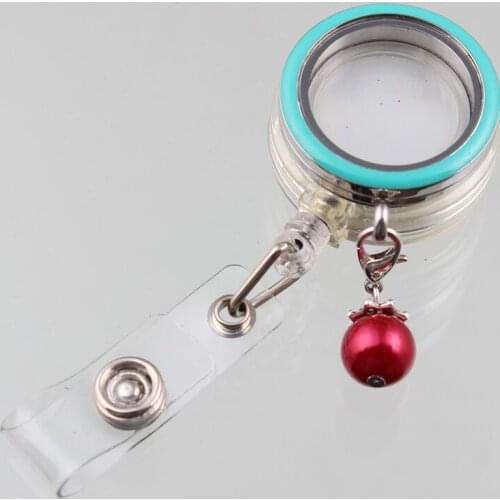 9 Colors 30mm Enamel Floating Locket Pendant Stainless Steel Glass Locket With Retractable ID Badge Holders And Red Pearl