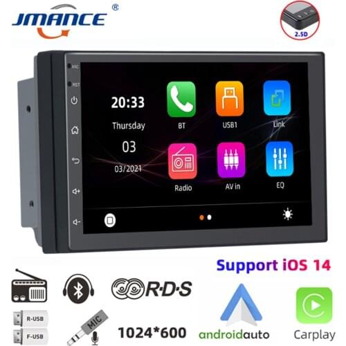JMANCE 2 Din For IOS 14 Carplay Android Auto DIN Car Radio 7" Touch Screen HD MP5 Bluetooth Video Player USB Aux Stereo Audio