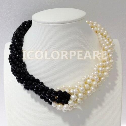 WEICOLOR 50CM / 6mm Nearround White Natural Freshwater Pearl And Round Black Bead Necklace With A Shell Clasp