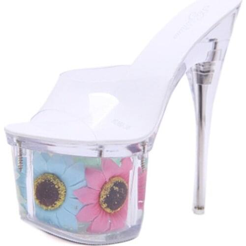 Big hot style sexy super shoes sunflower chunky 17 cm thin heel platform sandals transparent crystal slippers