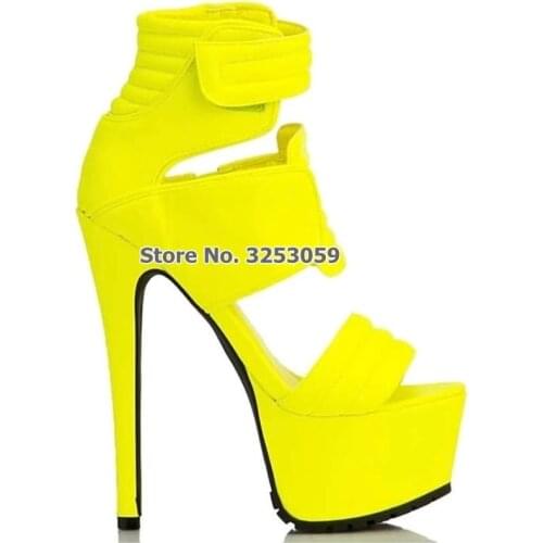 ALMUDENA 16cm Sky High Heels Platform Sandals Neon Yellow Pink Patchwork Hook Loop Strap Shoes Nightclub Celebrity Pumps Shoes