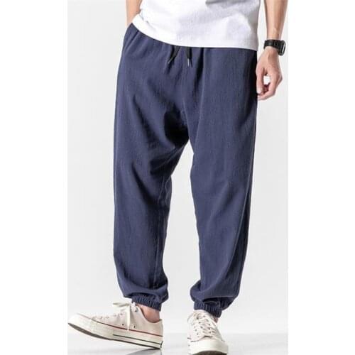 Men Cotton Linen Pants Summer New Casual Trousers Harajuku Style Solid Color Loose Jogging Pant Ankle-length Tide Men Sweatpants